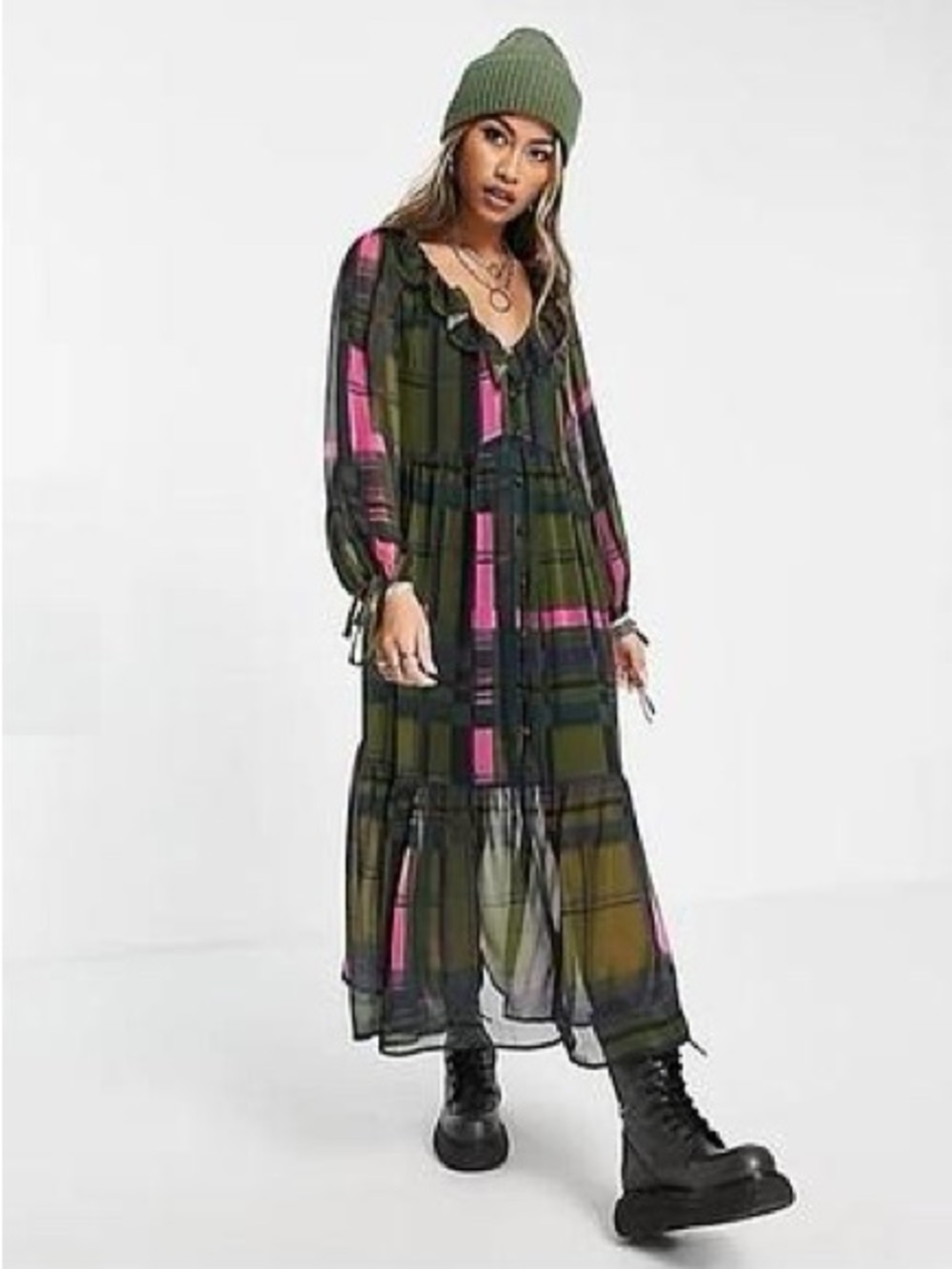 Topshop via ASOS - Plaid Long Sleeve Ruffle V-Neck Maxi Dress in Olive and Pink
